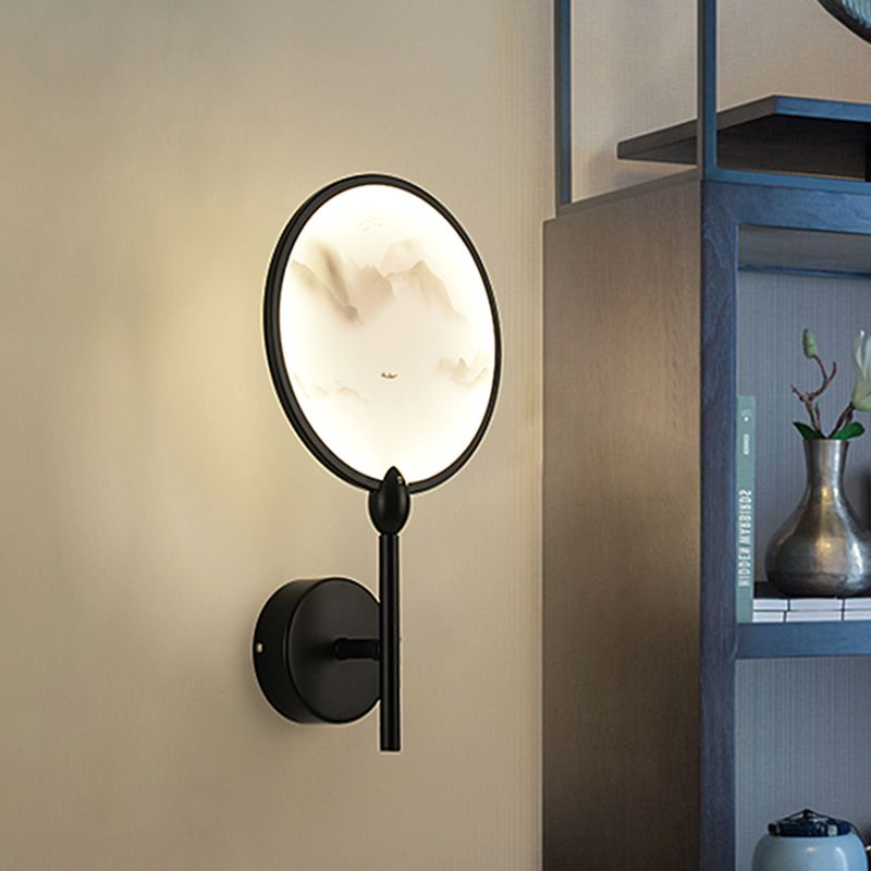 Chinese Style Circular Mountain Mural Light Acrylic LED Bedroom Sconce Light Fixture in Black
