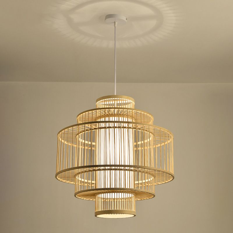Chinese cilinderhangende lamp dineren beige rattan hanger plafondlicht met 1 licht