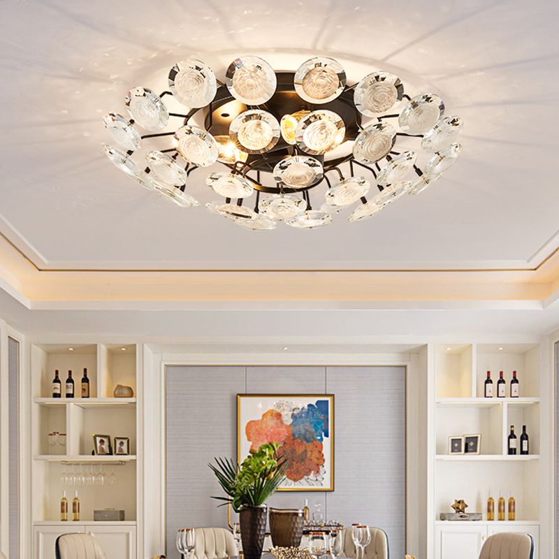 Modernism Sputnik Semi Flush Lighting Crystal 4 Bulbs Dining Room Close to Ceiling Lamp in Black