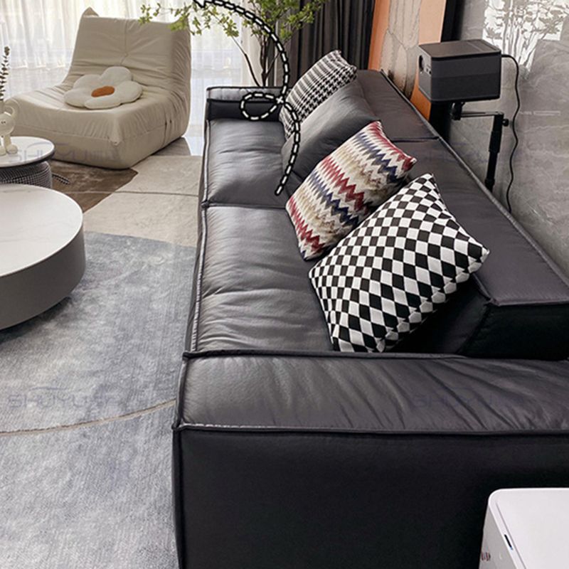 Sewn Pillow Back Settee Square Arm Sofa Couch in Black for Living Room