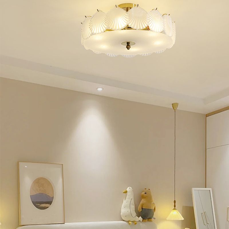 Gold Metal Semi Flush Mount Light Fixture Traditional Drum Bedroom Semi Flush Lamps with Glass Shade