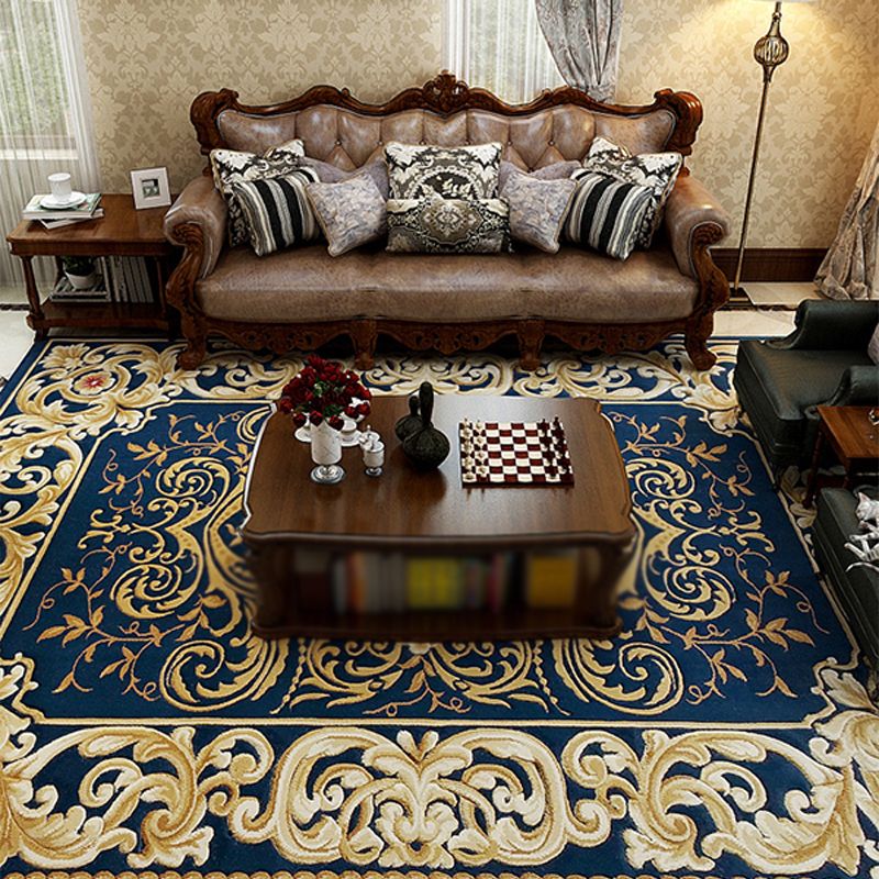 Navy Living Room Area Rug Medallion Pattern Polyester Area Carpet Stain Resistant Rug