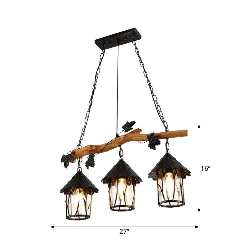 Black Lantern Island Light Fixture Industrial Clear Glass 3-Bulb Kitchen Hanging Lamp, 27" Wide