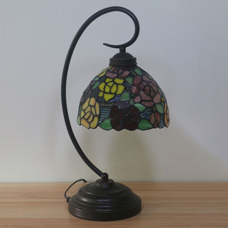 Rose Patterned Night Lamp 1-Head Stained Art Glass Victorian Nightstand Light in Dark Coffee with Swirl Arm