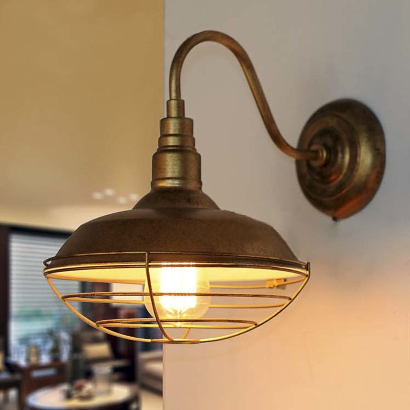 Brass Wire Guard Wall Lighting with Barn Shade Antique Style Metallic 1 Light Hallway Sconce Lighting