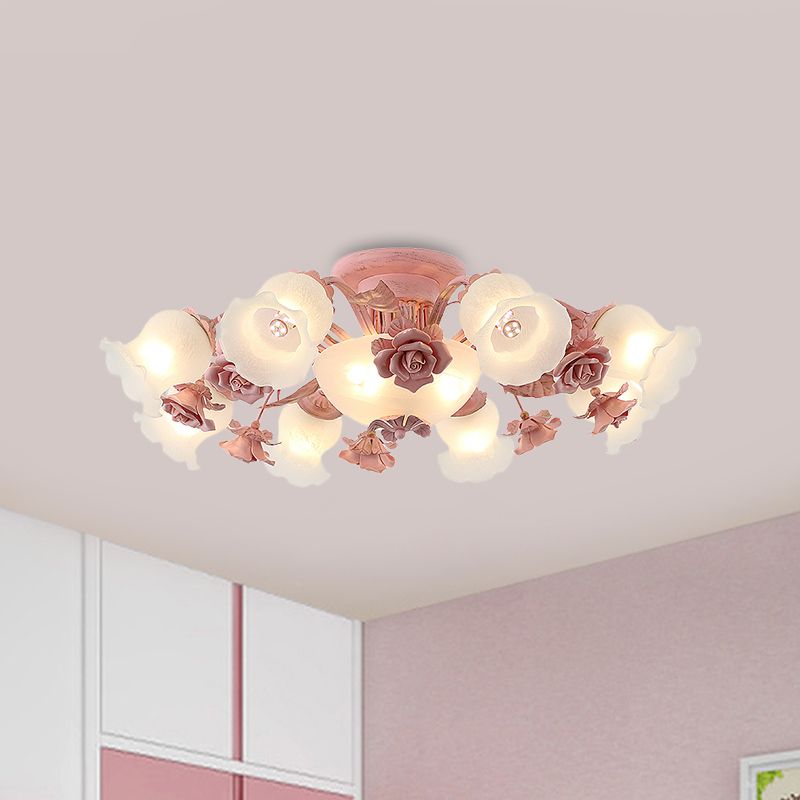 Rose Blossom Bedroom Flush Chandelier Pastoral Frosted Glass 7/11-Head Pink Ceiling Mount Light
