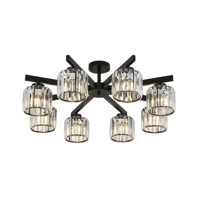 8 Heads Living Room Semi Flush Mount Minimalist Black Close to Ceiling Light with Cylinder Crystal Shade