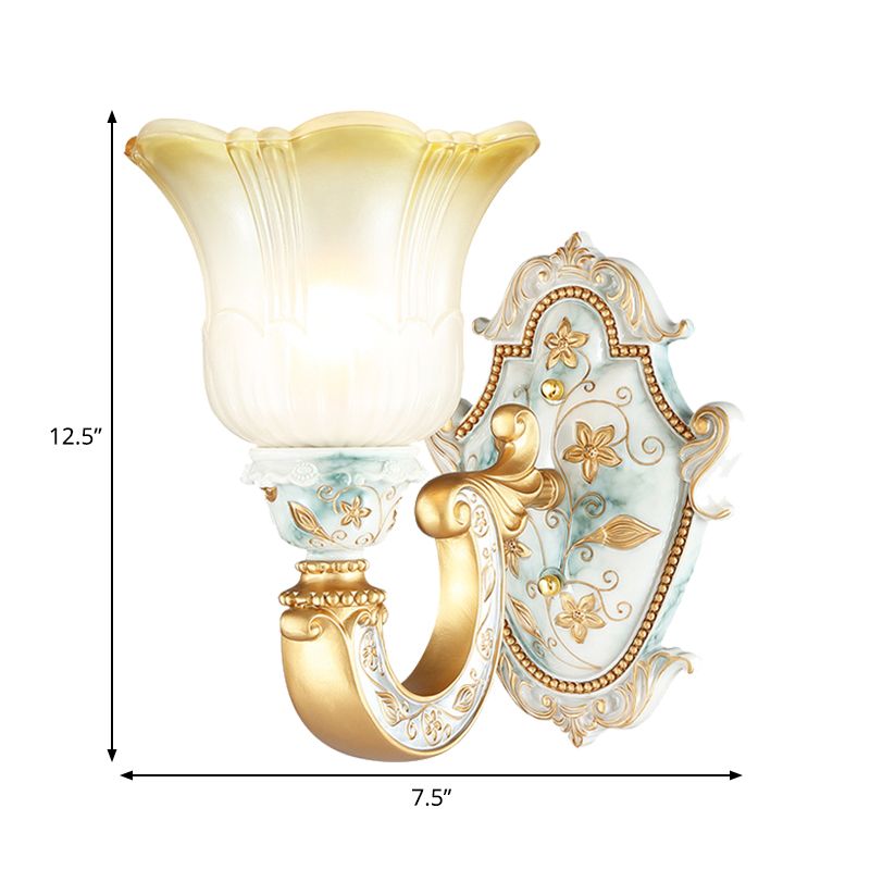 Gold Single Light Wall Lamp Rural Style Opaline Glass Floral Wall Mounted Lighting with Curvy Arm