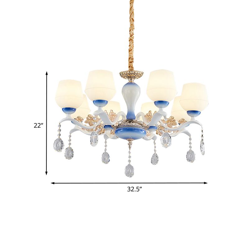 Moderne taps toelopende hangers kroonluchter 8 bollen ivoorglas kristal suspensie licht in blauw en wit