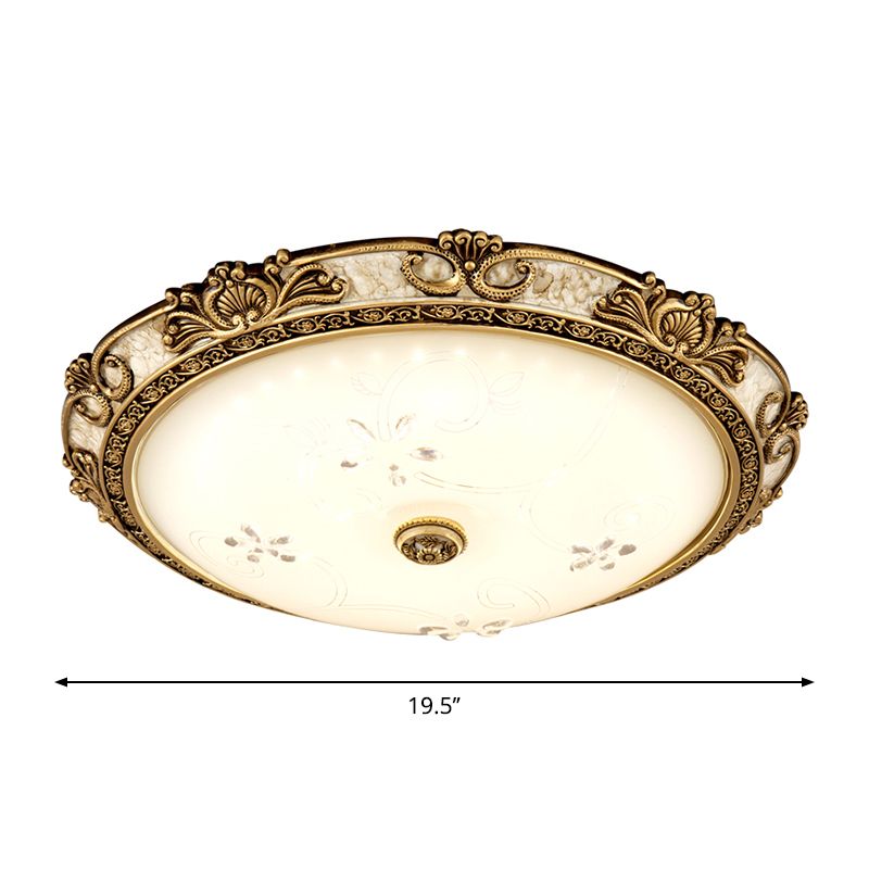 Brass LED Flushmount Light Vintage Style Cream Glass Bowl Shape Flush Lamp Fixture in Warm/White Light, 13"/16"/19.5" Wide
