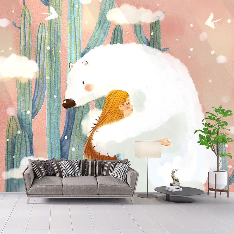 Bear and Girl Hug Mural Artistic Non-Woven Material Wall Decor in Pink and White