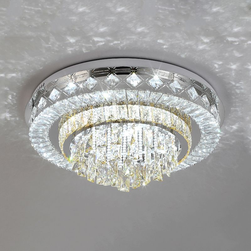 Faceted Cut Crystal Tiers Ceiling Flush Modernist Living Room LED Flush Mount Light in Chrome