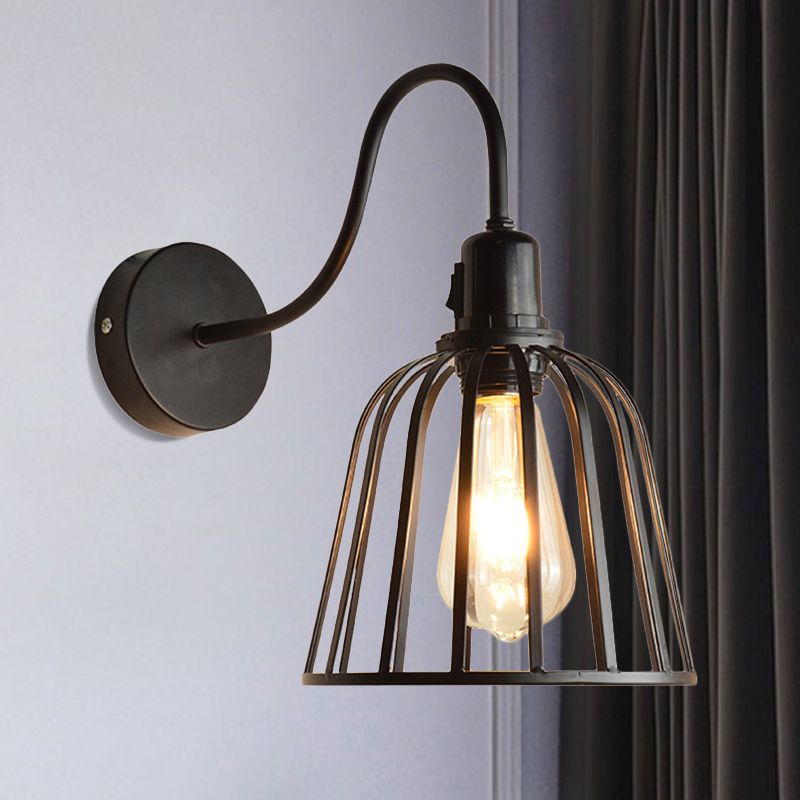Éclairage d'applications en métal à bras en véranda avec une nuance de cloche rétro 1 lampe murale de salle à manger légère en noir