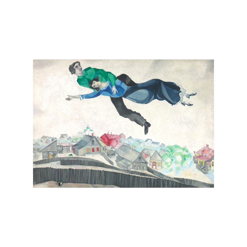 Lovers in the Sky Painting for Bedroom Marc Chagall Wall Art Decor in Blue, Textured