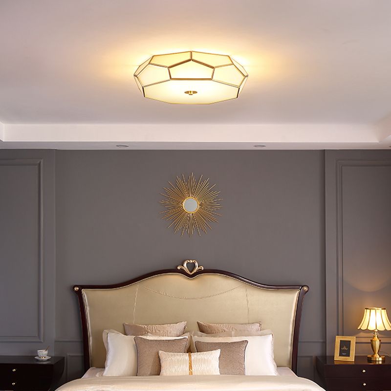 Colonial Style Geometric Ceiling Fixture Copper Flush Mount with Frosted Glass Shade