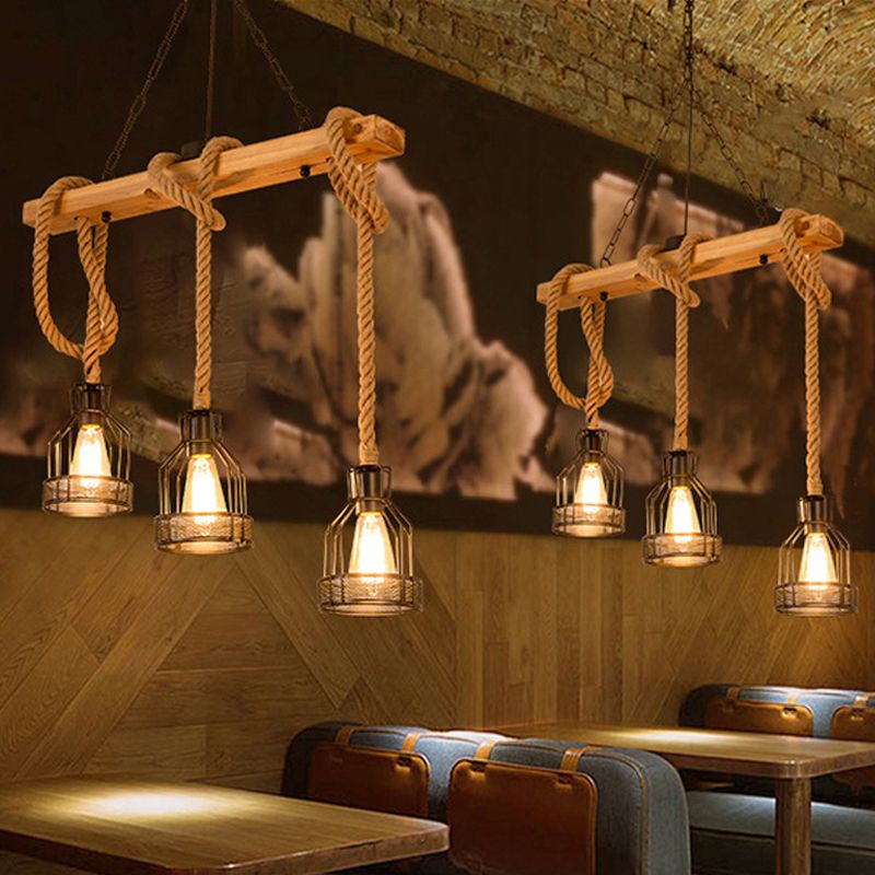 Linear Restaurant Hanging Island Light Cottage Wood 3/5-Light Brown Roped Pendant Lamp with Cage