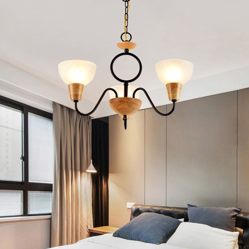 Opal Frosted Glass Bowl Up Chandelier Nordic Wood and Black Ceiling Light for Bedroom