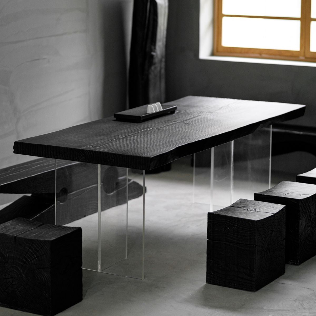 Pine Solid Wood Dining Room Collection Modern Rectangle with Acrylic Double Pedestal Table