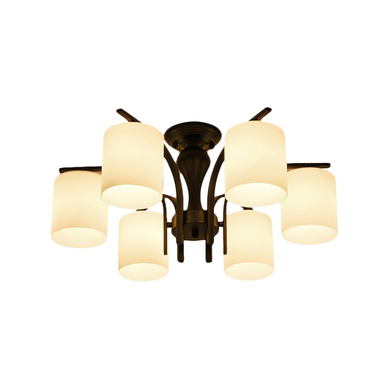 3/5/6 Lights Semi Flush Mount Traditional Cylinder Frosted Glass Ceiling Light in Black for Bedroom