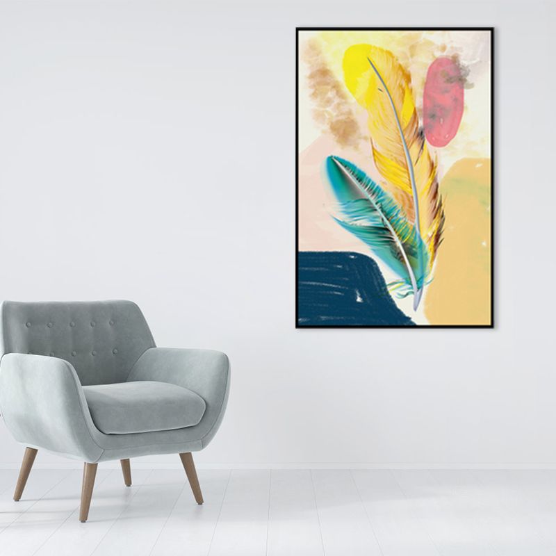 Illustration Nordic Canvas Wall Art with Feather Pattern in Yellow, Multiple Size Options