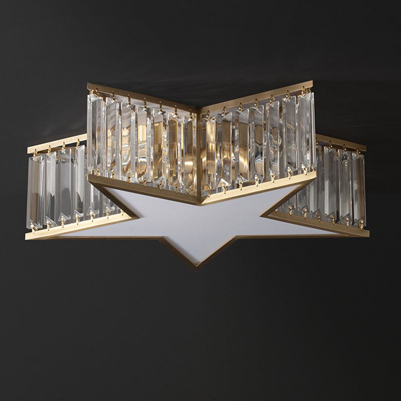 Plafonnier en forme d'étoile dorée, plafonnier à 5 lumières en cuivre de style créatif colonial avec abat-jour en cristal