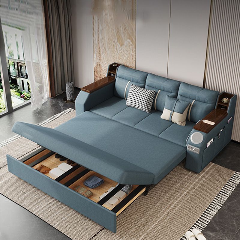 Scandinavian Blue Sleeper Sofa with Storage and Cushion Back