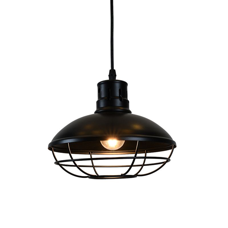Dome Caged Metal Pendant Lamp Vintage 1 Bulb Kitchen Island Hanging Light Fixture in Black