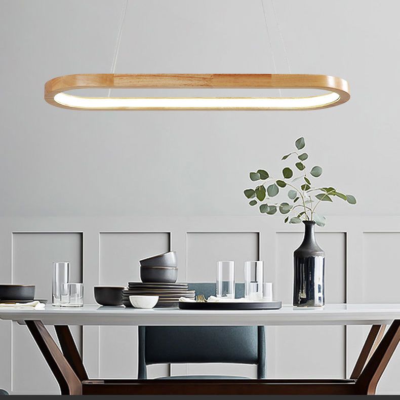 Modern Minimalist Oval Island Light LED Wooden Strip Restaurant Pendant Lighting