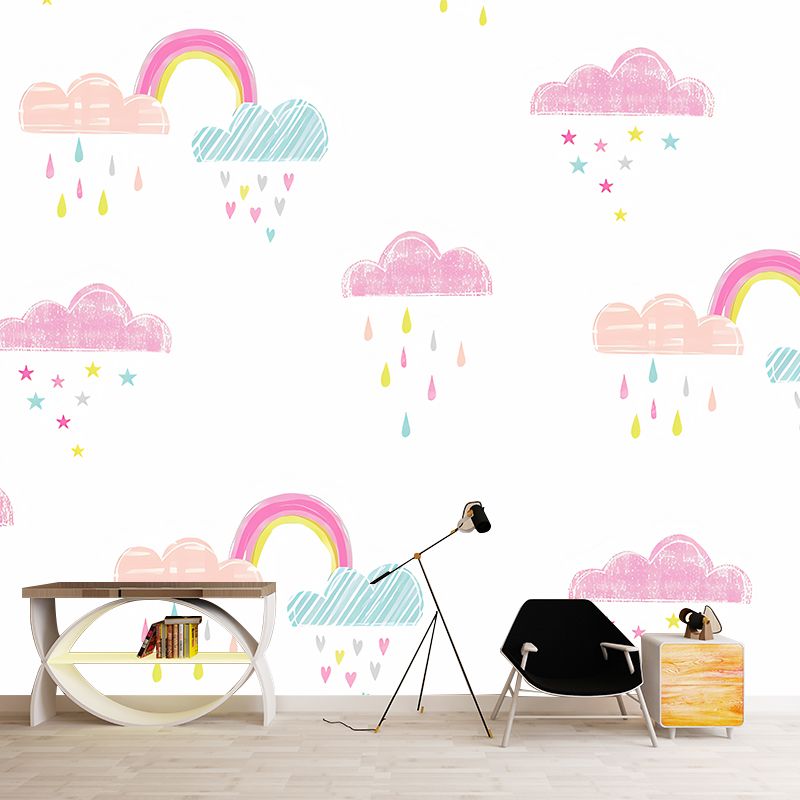 Simplicity Rain and Cloud Mural for Kid's Bedroom, Custom-Made Wall Decor in Pastel Color