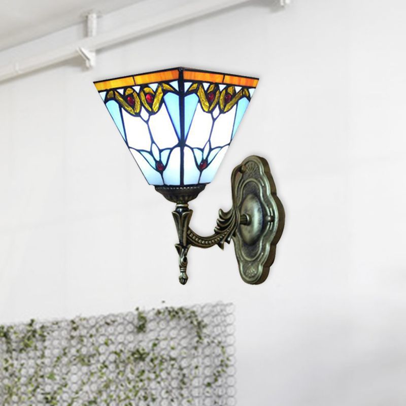 Pyramid Study Room Wall Light Stained Glass 1 Head Tiffany Victorian Sconce Lamp in Blue