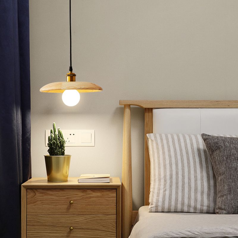 Japanese Minimalist Solid Wood Hanging Light Single Light Bedside Pendant Lamp in Beige
