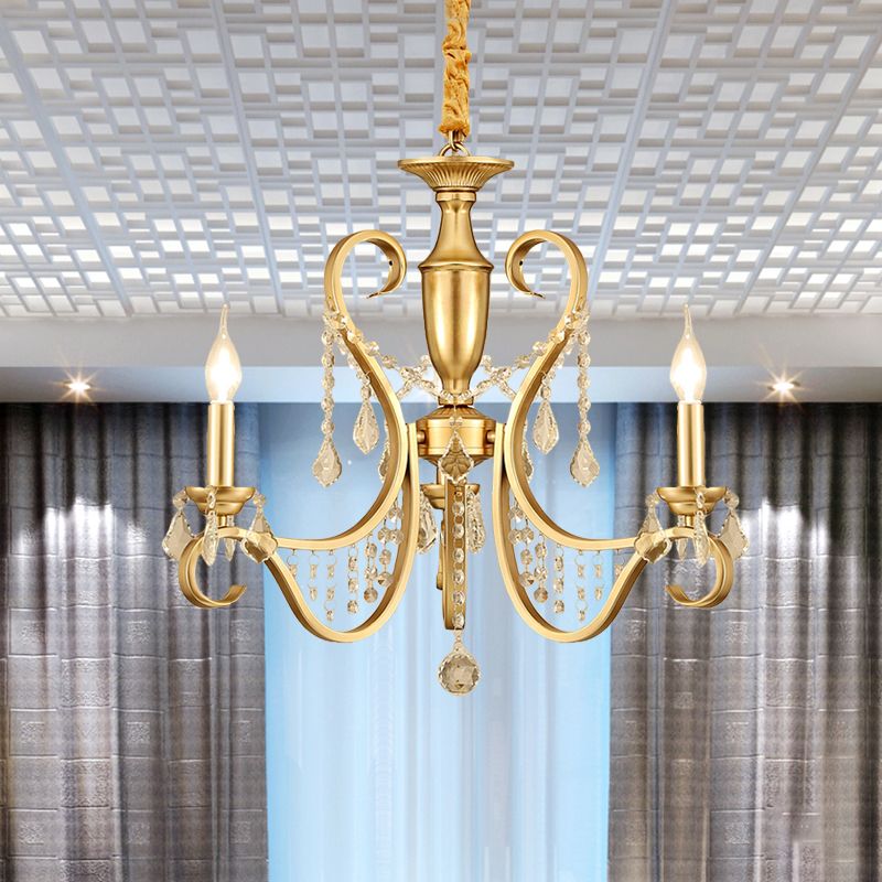 Gold 3-Light Ceiling Chandelier Countryside Metal Candelabra Pendant Lighting with Crystal Accent