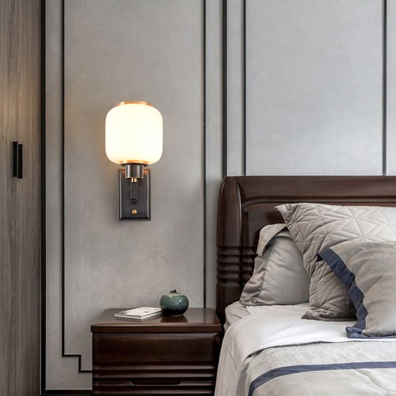 Modern Metal Wall Sconce Lantern Shape Wall Light with Glass Shade for Bedroom