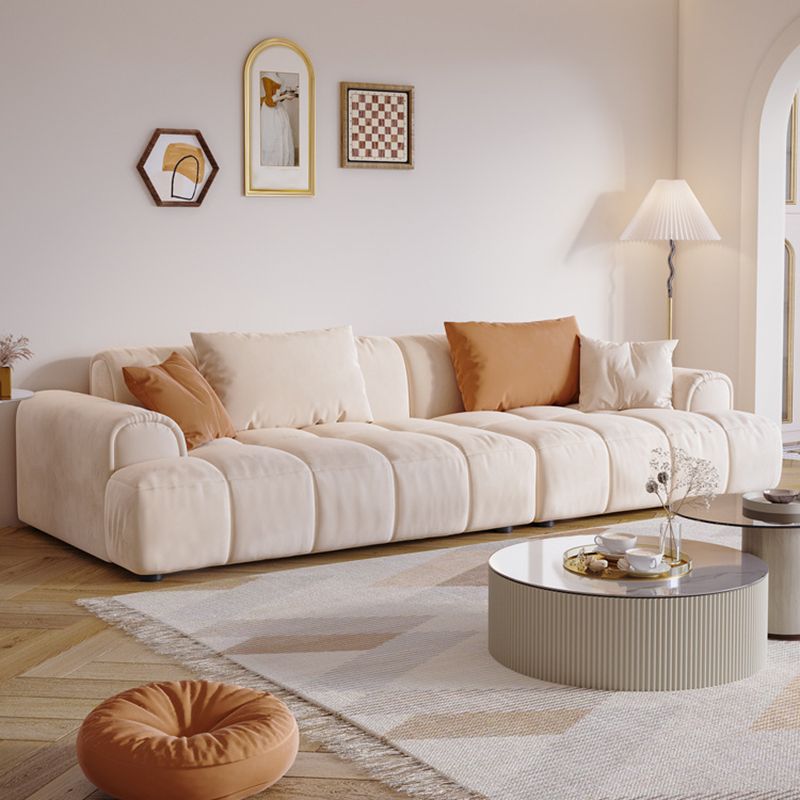 Contemporary Beige Round Arm Standard Sofa Tight Back Suede Couch with Pillows