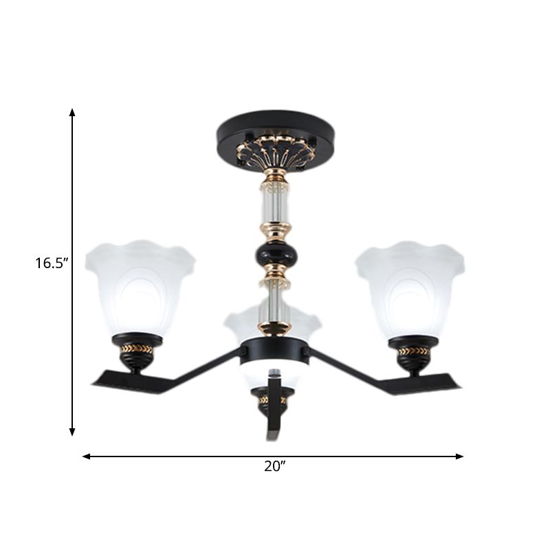 Frosted Glass Black Chandelier Lighting Floral Shade 3/6/8-Head Rural Style Hanging Pendant Light