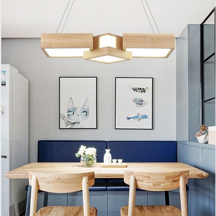 Wooden Square Island Lighting Fixture Modern Style LED Wood Hanging Ceiling Light