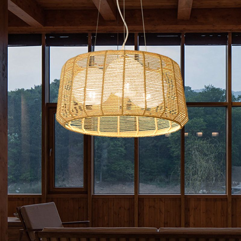 Luz colgante de color beige chino de techo de la habitación de invitados de 3 luces con jaula de bambú de batería