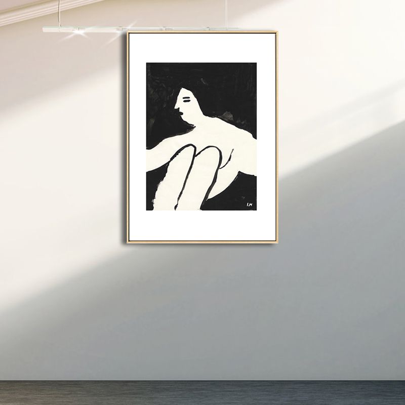 Sitting Maiden Painting Nordic Style Canvas Wall Art Decor in White for Bathroom