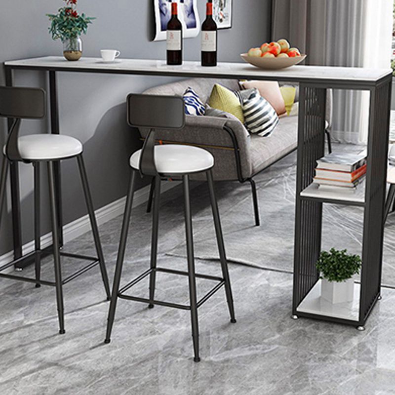 Modern Rectangle Stone Bar Table Metal Base Dining Table with Storage Shelves