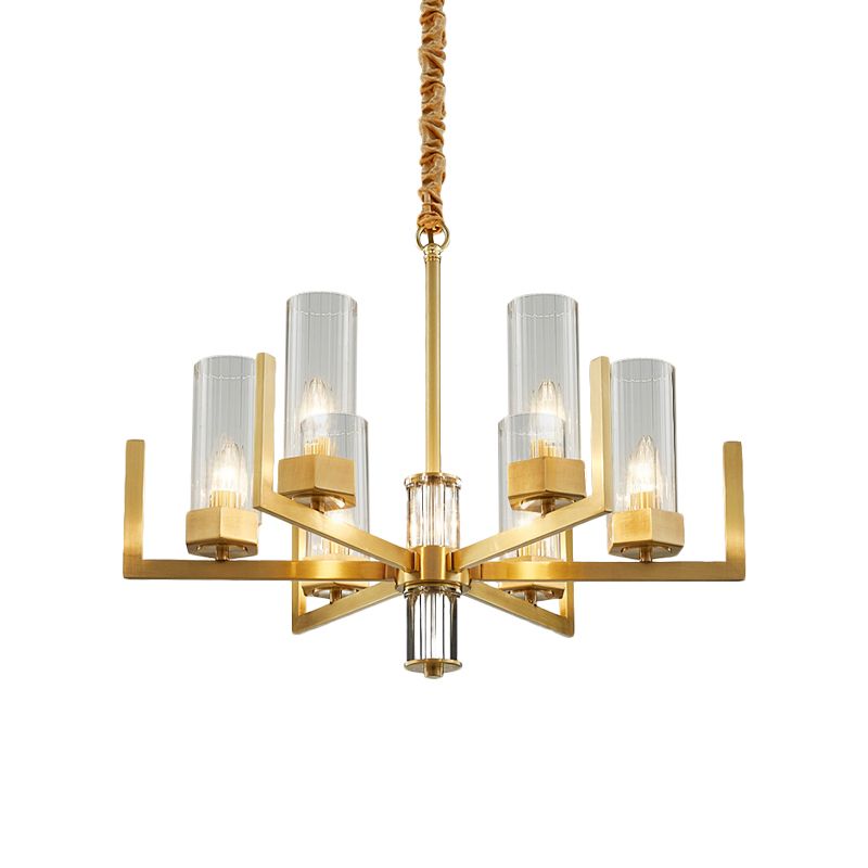 6-Light Clear Glass Chandelier Lamp Colonialism Gold Column Living Room Ceiling Pendant Light