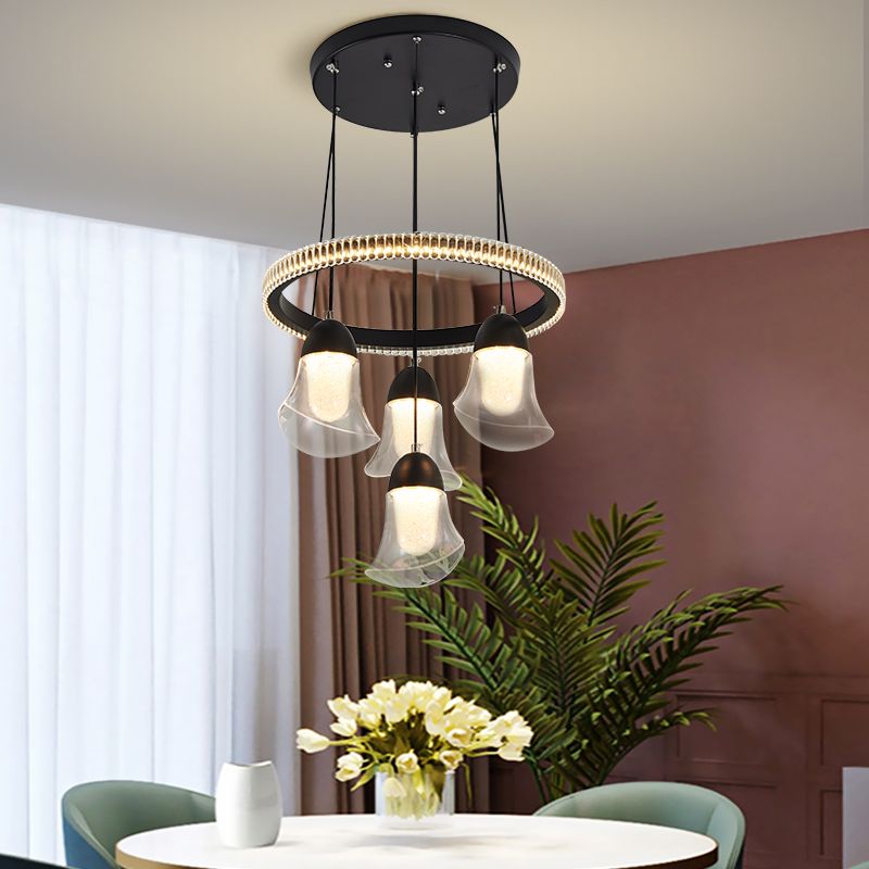 Ciondolo a cluster circolare nero moderno lampada a sospensione a LED a 5 luci a 5 luci per sala da pranzo