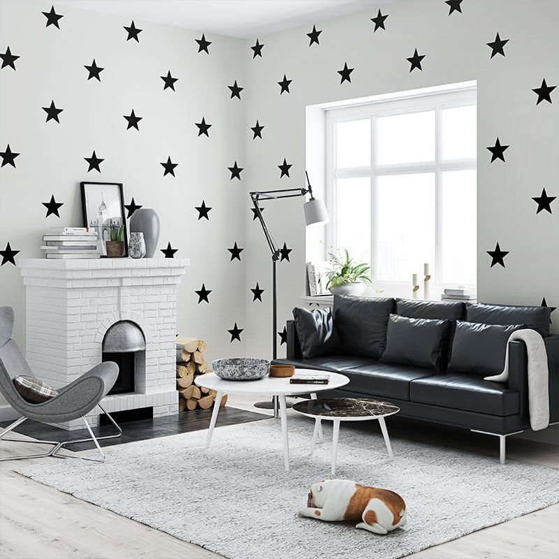 Non-Woven Wallpaper with Simple Stars, Black and White, 20.5" by 33'