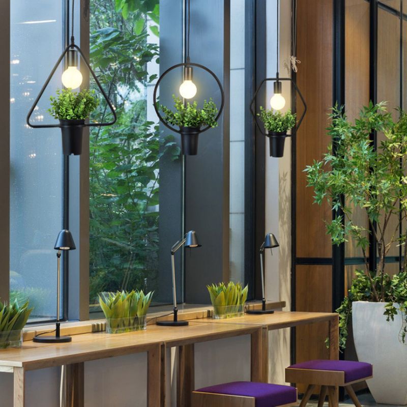 Metal Geometric Line Simplicity Plant Hanging Lamp Single Bulb Clothing Shop Decorative Lighting Fixture