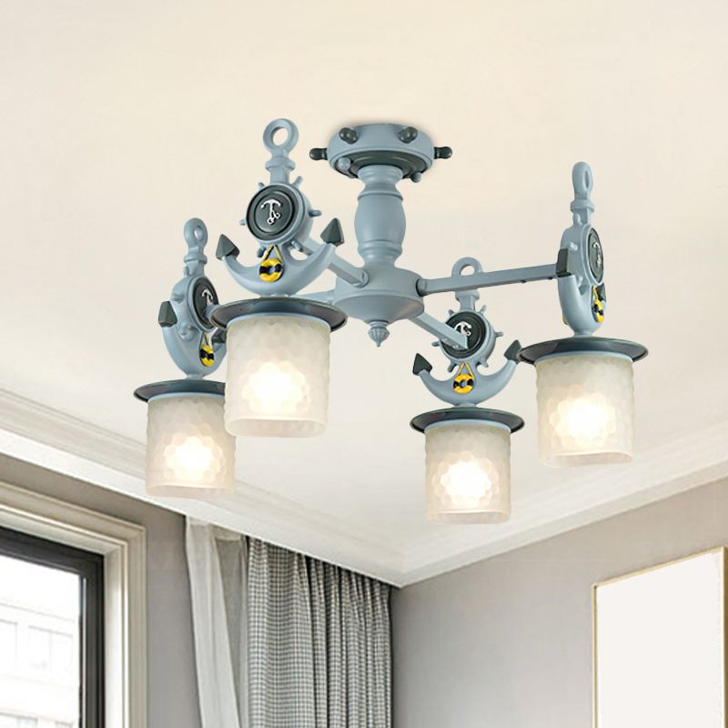 Cylinder Ceiling Light Fixture Modernist Frosted Dimpled Glass 4 Bulbs Nursery Semi Flush with Anchor Design in Blue