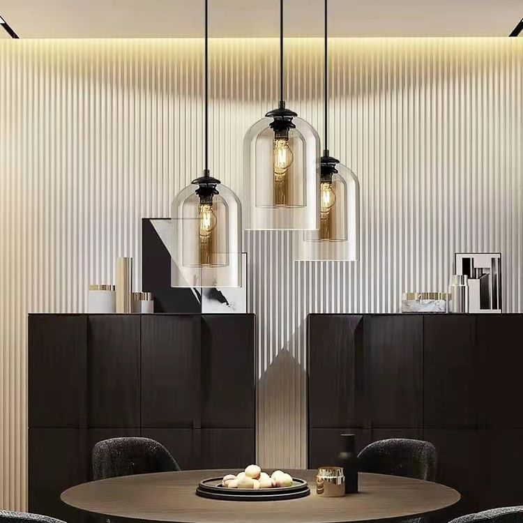 Luz de colgante de campana de vidrio doble en la moderna lámpara colgante de hierro forjado de estilo de lujo para espacios interiores