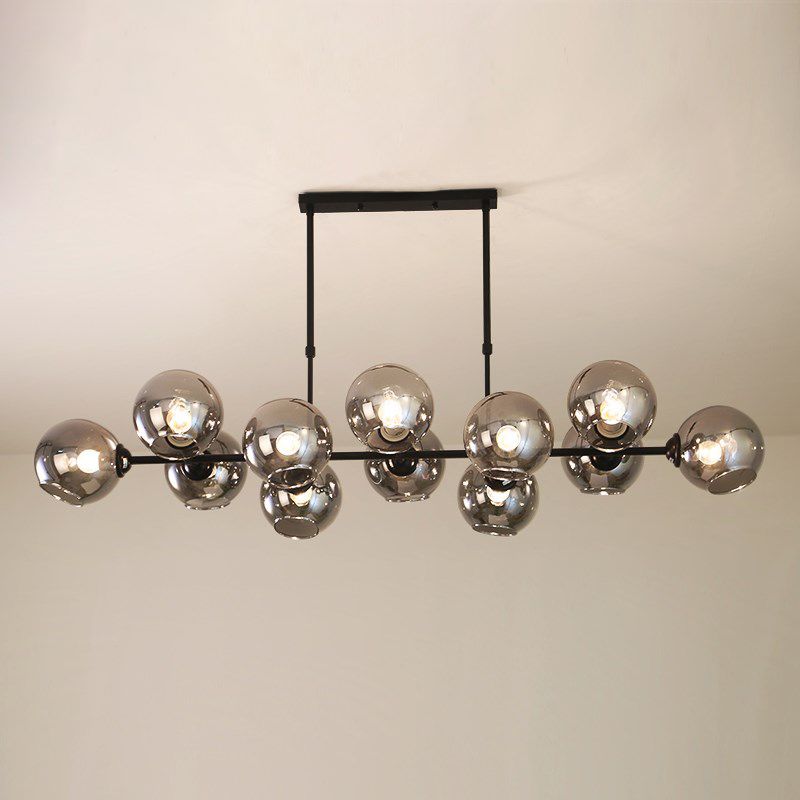 Black Global Island Lighting Modern 8/12 Heads Smokey-Glass Hanging Lamp Kit for Living Room