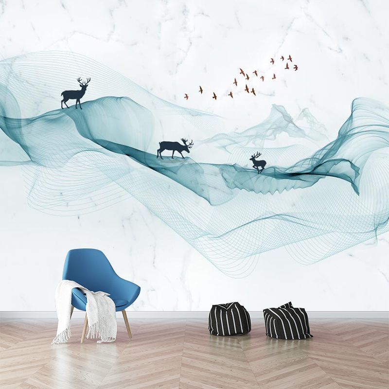 Modern Art Deer-Mountain Murals for Living Room Custom Size Wall Decor in Green-White