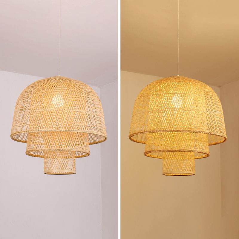 1-Light Rattan Japanese Pendant Light Beige Down Lighting for Dining Room
