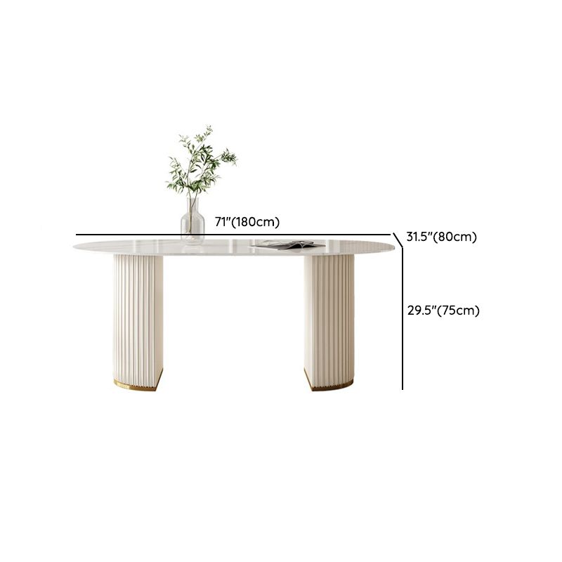 Linen White Finish Modern Oval Stone Top Dining Table with Double Pedestal Base