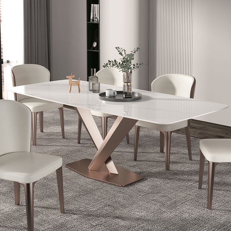 Traditional Luxury Dining Table Rectangle Sintered Stone Pedestal Table with Rose Gold Frame